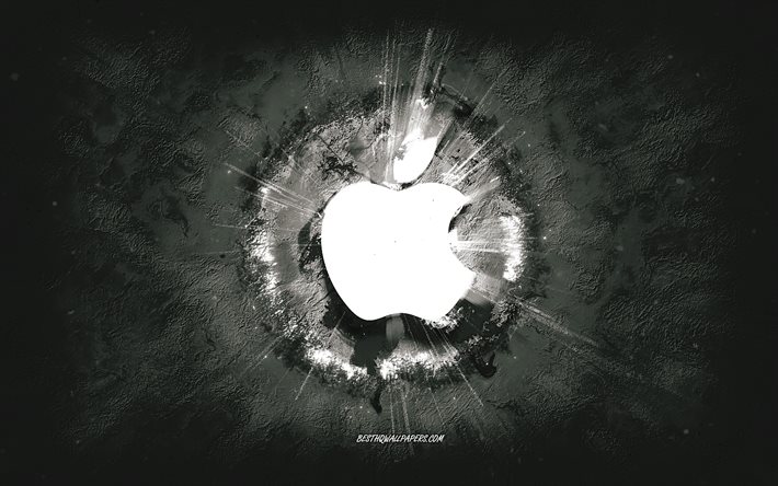 Apple logosu, grunge sanat, beyaz taş zemin, Apple beyaz logosu, Apple, yaratıcı sanat, beyaz Apple grunge logosu