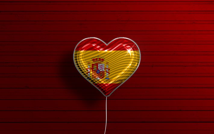 Amo la Spagna, 4k, palloncini realistici, fondo di legno rosso, cuore della bandiera spagnola, Europa, paesi preferiti, bandiera della Spagna, palloncino con bandiera, bandiera spagnola, Spagna, amore della Spagna
