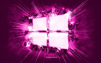 Windows-logo, grunge-taide, violetti kivitausta, Windows 10-logo, Windows-violetti-logo, Windows, luova taide, violetti Windows 10-logo