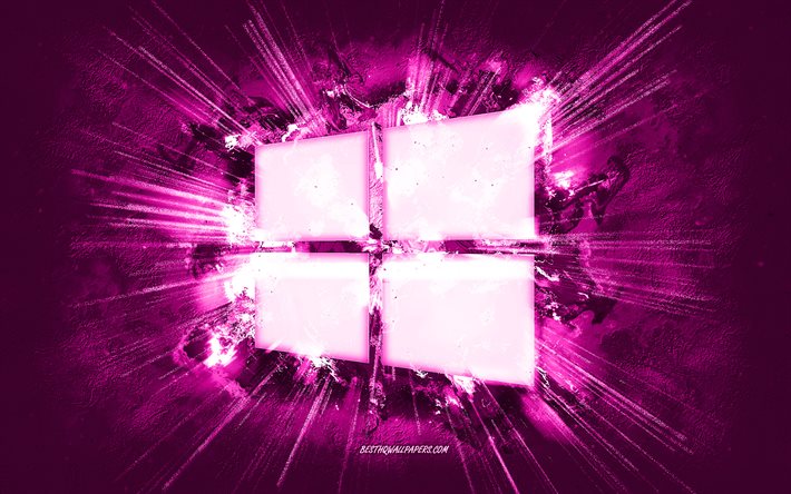Windowsロゴ, グランジアート, 紫の石の背景, Microsoft Windows 10, Windowsの紫色のロゴ, Windows, クリエイティブアート, 紫色のWindows10ロゴ