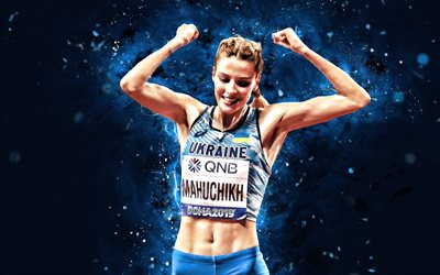 Yaroslava Maguchih, 4k, blue neon lights, ukrainian athlete, high jump, Yaroslava Maguchih 4K