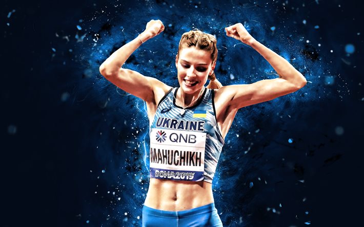 Yaroslava Maguchih, 4k, luzes de n&#233;on azuis, atleta ucraniano, salto em altura, Yaroslava Maguchih 4K