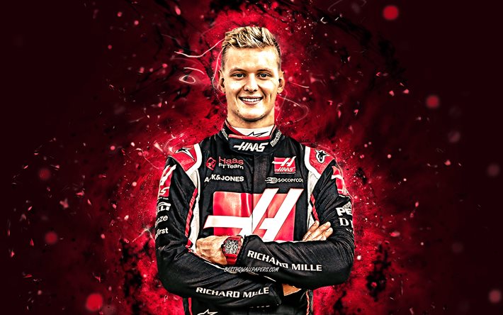 Mick Schumacher, 4k, 2021, Haas F1 Team, pilotos alem&#227;es, F&#243;rmula 1, luzes de n&#233;on roxas, F1 2021, Mick Schumacher HAAS, Mick Schumacher 4K