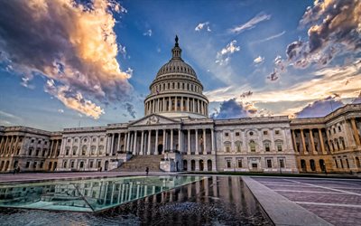 United States Capitol, evening, sunset, fountain, Capitol Building, United States Congress, Washington, USA