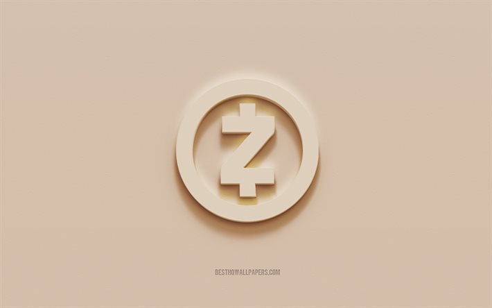 Logo Zcash, sfondo di gesso marrone, logo Zcash 3d, criptovaluta, emblema Zcash, arte 3d, Zcash