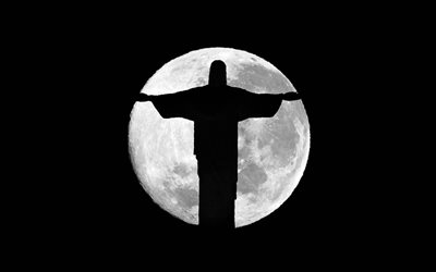 Kristus Fr&#228;lsaren, minimal, m&#229;ne, staty silhuett, staty av Jesus Kristus i Rio de Janeiro, Brasilien, brasilianska landm&#228;rken