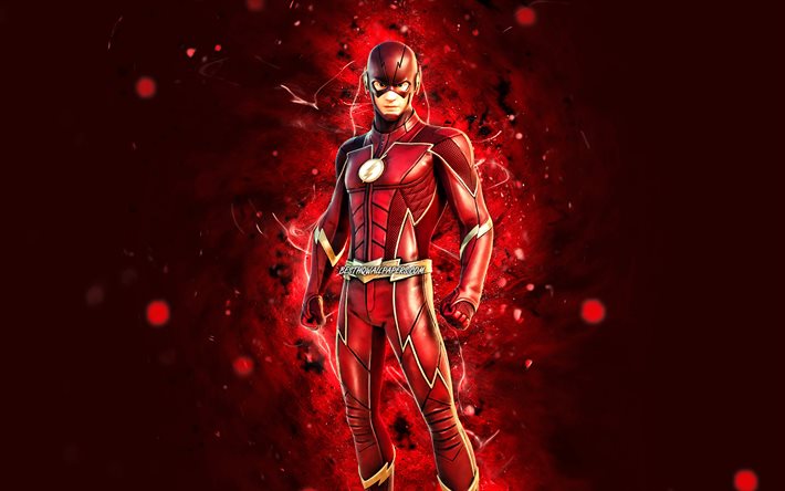 The Flash, 4k, luzes de n&#233;on vermelhas, Fortnite Battle Royale, personagens Fortnite, The Flash Skin, Fortnite, The Flash Fortnite