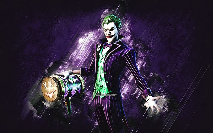 Fortnite The Joker Skin, Fortnite, ana karakterler, mor taş arka plan, Joker, Fortnite derileri, Joker Skin, Joker Fortnite, Fortnite karakterleri
