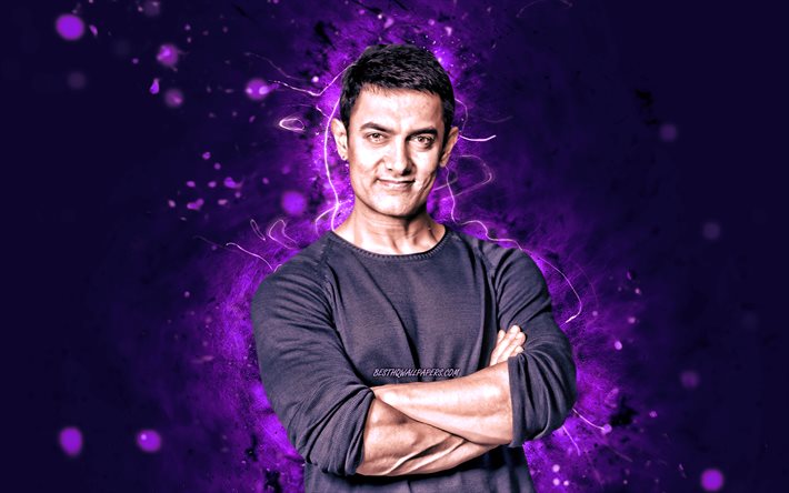 Aamir Khan, 4k, luzes de n&#233;on violeta, ator indiano, Bollywood, estrelas de cinema, celebridade indiana, Mohammed Aamir Hussain Khan, Aamir Khan 4K