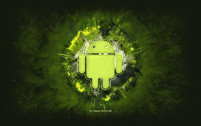 Android-logo, grunge-taide, vihre&#228; kivi-tausta, Android-vihre&#228; logo, Android, luova taide, vihre&#228; Android-grunge-logo