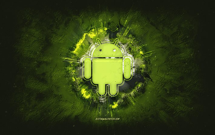 Android logosu, grunge sanat, yeşil taş arka plan, Android yeşil logosu, Android, yaratıcı sanat, yeşil Android grunge logosu