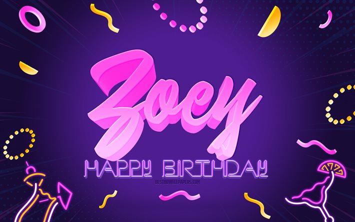 Happy Birthday Zoey, 4k, Purple Party Background, Zoey, creative art, Happy Zoey birthday, Zoey name, Zoey Birthday, Birthday Party Background