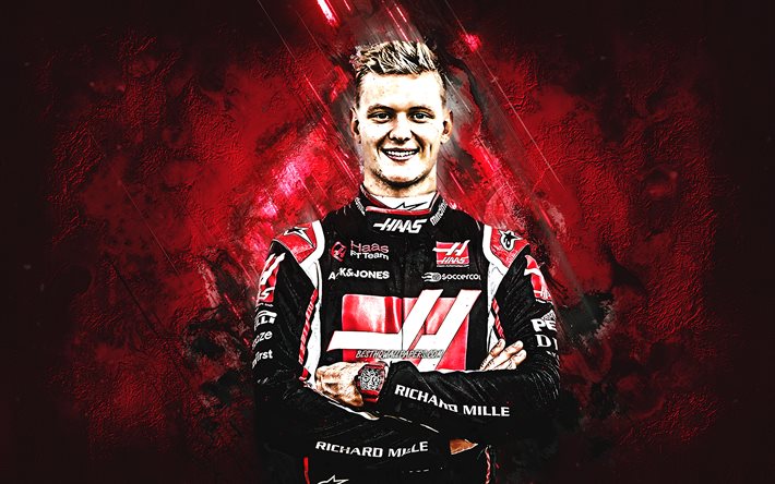 Mick Schumacher, German racing driver, Haas F1 Team, portrait, Formula 1, F1 drivers, Haas, red stone background