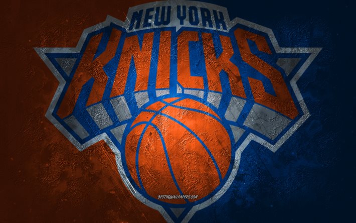 New York Knicks, American basketball team, orange blue stone background, New York Knicks logo, grunge art, NBA, basketball, USA, New York Knicks emblem