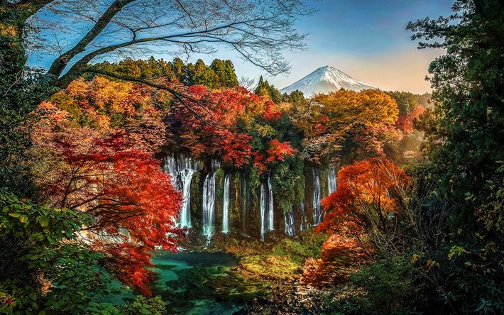 Japon, automne, cascades, Mont Fuji, for&#234;t, stratovolcan, Fujisan, Fujiyama, montagnes, Asie, monuments japonais