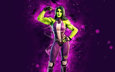 She Hulk, 4k, violet neon lights, Fortnite Battle Royale, Fortnite characters, She Hulk Skin, Fortnite, She Hulk Fortnite