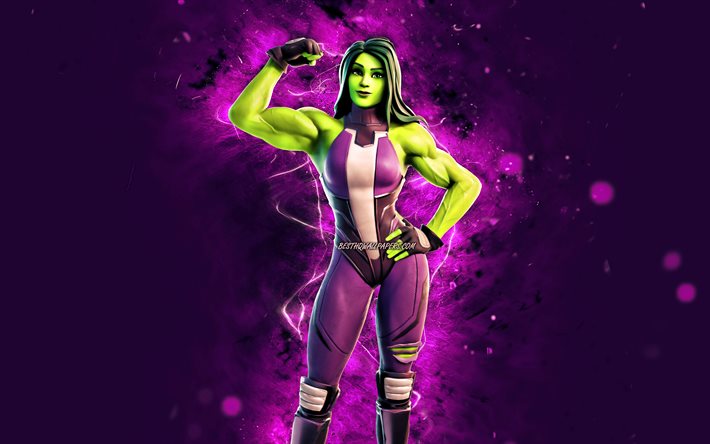 Ella Hulk, 4k, violeta luces de ne&#243;n, Fortnite Battle Royale, Fortnite personajes, Hulk Piel, Fortnite, Ella Hulk Fortnite