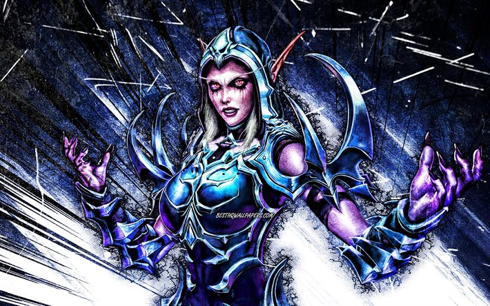 4k, Sylvanas Windrunner, azul resumo raios, World of Warcraft, guerreiros, WoW, monstr, World of Warcraft Shadowlands, grunge arte, Sylvanas Windrunner de World of Warcraft