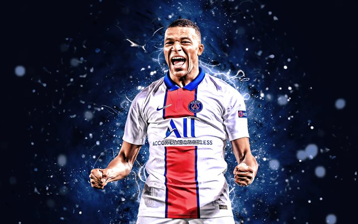 Download Wallpapers Kylian Mbappe 4k 21 Psg French Footballers Blue Neon Lights Soccer Ligue 1 Football Kylian Mbappe Psg Paris Saint Germain Kylian Mbappe 4k For Desktop Free Pictures For Desktop Free