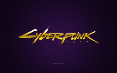 Cyberpunk 2077, pop&#252;ler oyun, Cyberpunk 2077 sarı logo, mor karbon fiber arka plan, Cyberpunk 2077 logosu, Cyberpunk 2077 amblemi