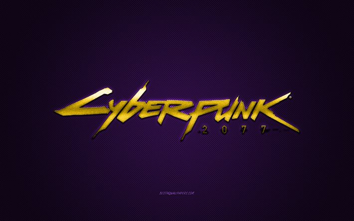 cyberpunk 2077, beliebtes spiel, gelbes cyberpunk 2077-logo, lila kohlefaserhintergrund, cyberpunk 2077-logo, cyberpunk 2077-emblem