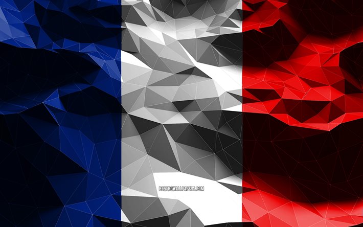 4k, French flag (フランス国旗), 低ポリアート, ヨーロッパ諸国, 国のシンボル, フランスの旗, 3Dフラグ, フランス, ヨーロッパ, フランスの3Dフラグ