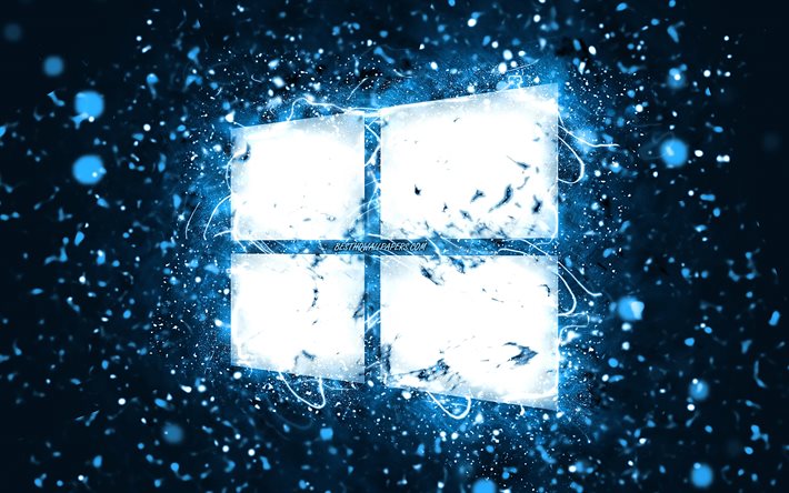 Logo blu di Windows 10, 4k, luci al neon blu, creativo, sfondo astratto blu, logo di Windows 10, sistema operativo, Windows 10