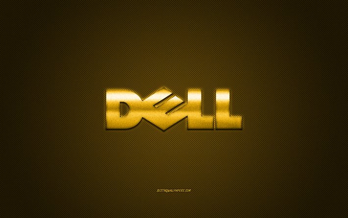 Dell logosu, sarı karbon arka plan, Dell metal logosu, Dell sarı amblem, Dell, sarı karbon doku