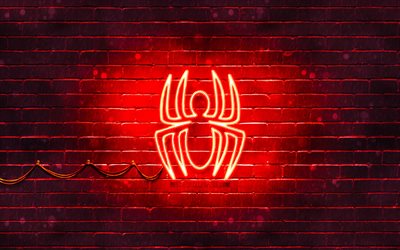 Spider-Man red logo, 4k, red brickwall, Spider-Man logo, Spiderman, superheroes, Spider-Man neon logo, Spider-Man