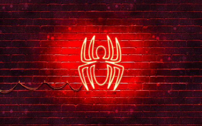 Spider-Man-punainen logo, 4k, punainen tiilisein&#228;, Spider-Man-logo, Spiderman, supersankareita, Spider-Man-neon-logo, Spider-Man
