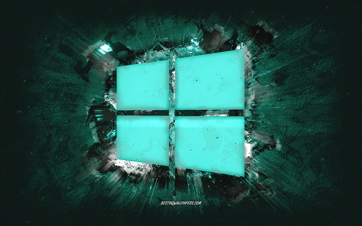 Logo Windows, art grunge, fond de pierre turquoise, logo Windows 10, logo Windows turquoise, Windows, art cr&#233;atif, logo Windows 10 turquoise