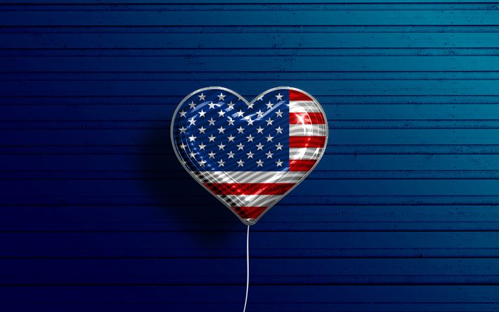 J'aime les États-Unis, 4k, ballons réalistes, fond en bois bleu, pays d'Amérique du Nord, drapeau américain, pays préférés, drapeau des États-Unis, ballon avec drapeau, amour des États-Unis