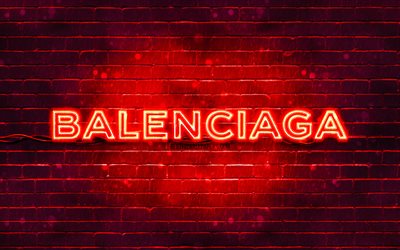 balenciaga kırmızı logo, 4k, kırmızı brickwall, balenciaga logo, markalar, balenciaga neon logo, balenciaga