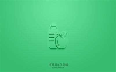mangiare sano icona 3d, sfondo verde, simboli 3d, mangiare sano, icone cibo, icone 3d, segno mangiare sano, icone cibo 3d