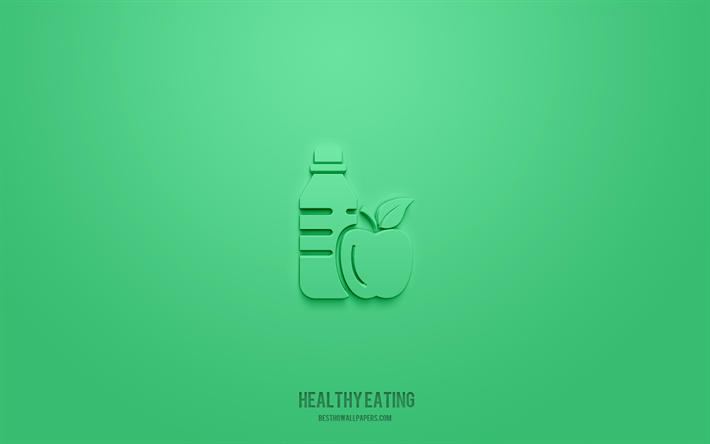 icono 3d de alimentaci&#243;n saludable, fondo verde, s&#237;mbolos 3d, alimentaci&#243;n saludable, iconos de alimentos, iconos 3d, signo de alimentaci&#243;n saludable, iconos 3d de alimentos
