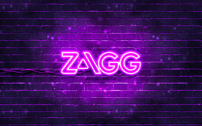 violettes zagg-logo, 4k, violette ziegelwand, zagg-logo, marken, zagg-neon-logo, zagg