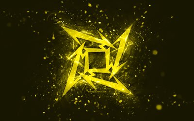 メタリカイエローのロゴ, 4k, 黄色のネオンライト, クリエイティブ, 黄色の抽象的な背景, メタリカのロゴ, 音楽スター, メタリカ