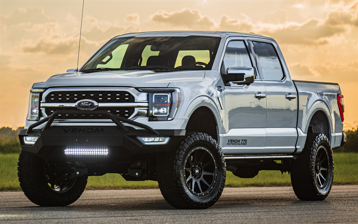 ford f-150 cami&#243;n, 2022, hennessey venom 775, exterior, tuning ford f-150, gris ford f-150, coches americanos, ford