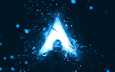 Arch Linux blue logo, 4k, blue neon lights, creative, blue abstract background, Arch Linux logo, Linux, Arch Linux