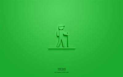 Hiking 3d icon, green background, 3d symbols, Hiking, sport icons, 3d icons, Hiking sign, sport 3d icons