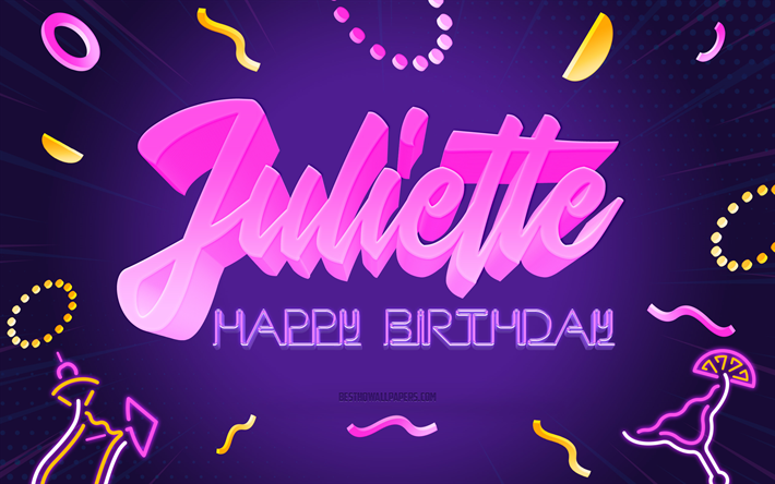 Happy Birthday Juliette, 4k, Purple Party Background, Juliette, creative art, Happy Juliette birthday, Juliette name, Juliette Birthday, Birthday Party Background