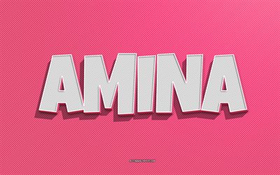 Amina, pink lines background, wallpapers with names, Amina name, female names, Amina greeting card, line art, picture with Amina name