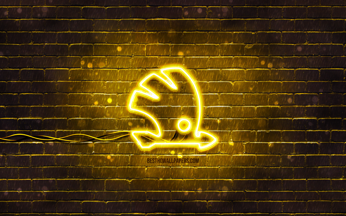 シュコダイエローのロゴ, 4k, 黄色のレンガの壁, シュコダのロゴ, 車のブランド, シュコダネオンロゴ, シュコダ