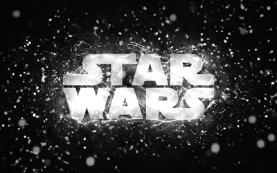 star wars beyaz logo, 4k, beyaz neon ışıkları, yaratıcı, siyah soyut arka plan, star wars logo, markalar, star wars