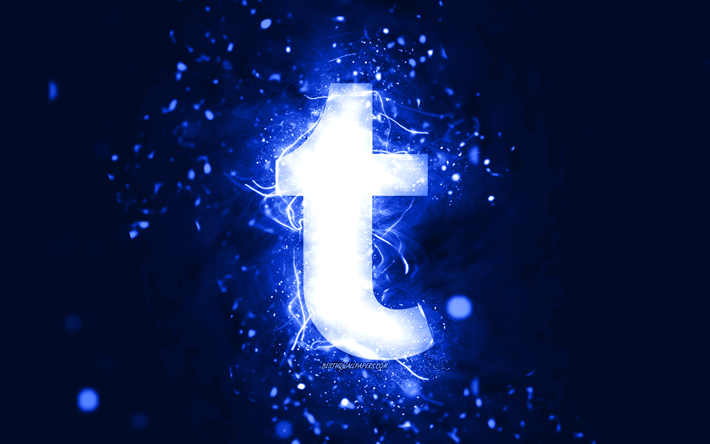 tumblr logotipo azul escuro, 4k, azul escuro luzes de neon, criativo, azul escuro abstrato de fundo, tumblr logotipo, rede social, tumblr