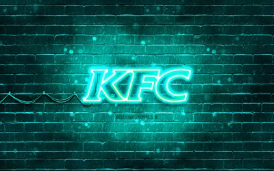 KFC turquoise logo, 4k, turquoise brickwall, KFC logo, brands, KFC neon logo, KFC