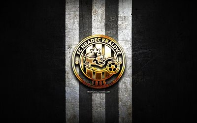 フラデツ・クラーロベfc, 金色のロゴ, チェコファーストリーグ, ブラックメタルの背景, フットボール, チェコサッカークラブ, fcフラデツクラーロヴェのロゴ, サッカー, fcフラデツクラーロベ
