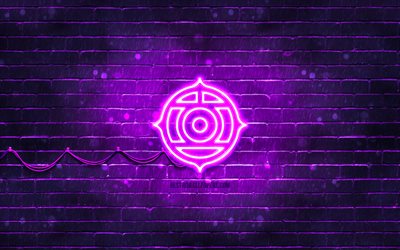 hitachi violetti logo, 4k, violetti tiilisein&#228;, hitachi logo, tuotemerkit, hitachi neon logo, hitachi