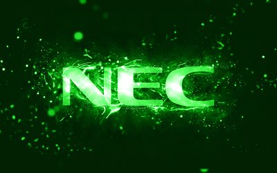 NEC green logo, 4k, green neon lights, creative, green abstract background, NEC logo, brands, NEC