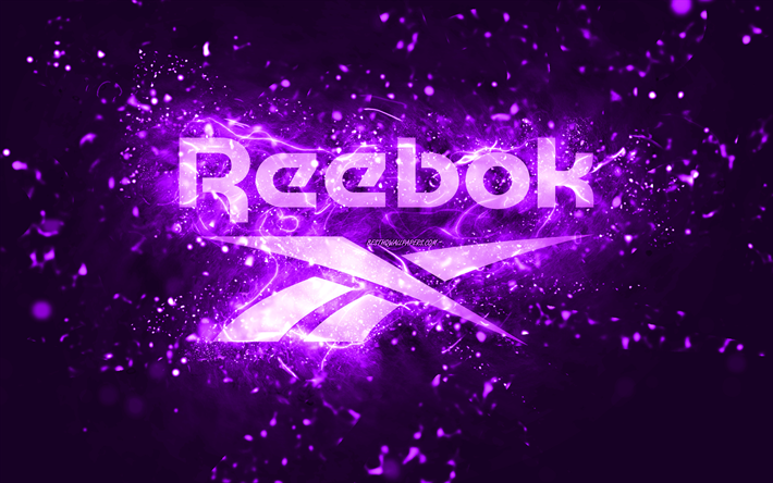 reebok logo viola, 4k, luci al neon viola, creativo, sfondo astratto viola, logo reebok, marchi, reebok